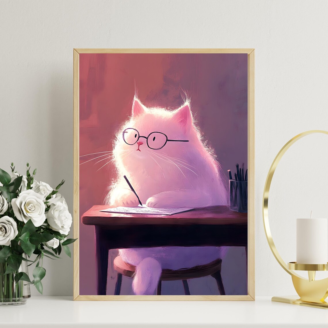 Fluffy White Cat in Glasses Writing at a Wooden Desk in Rose Light Poster - Image 8