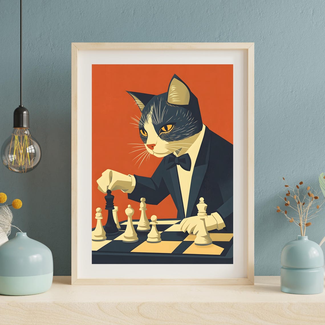Dapper Cat in Tuxedo Playing Chess on Orange Background Poster - Image 4
