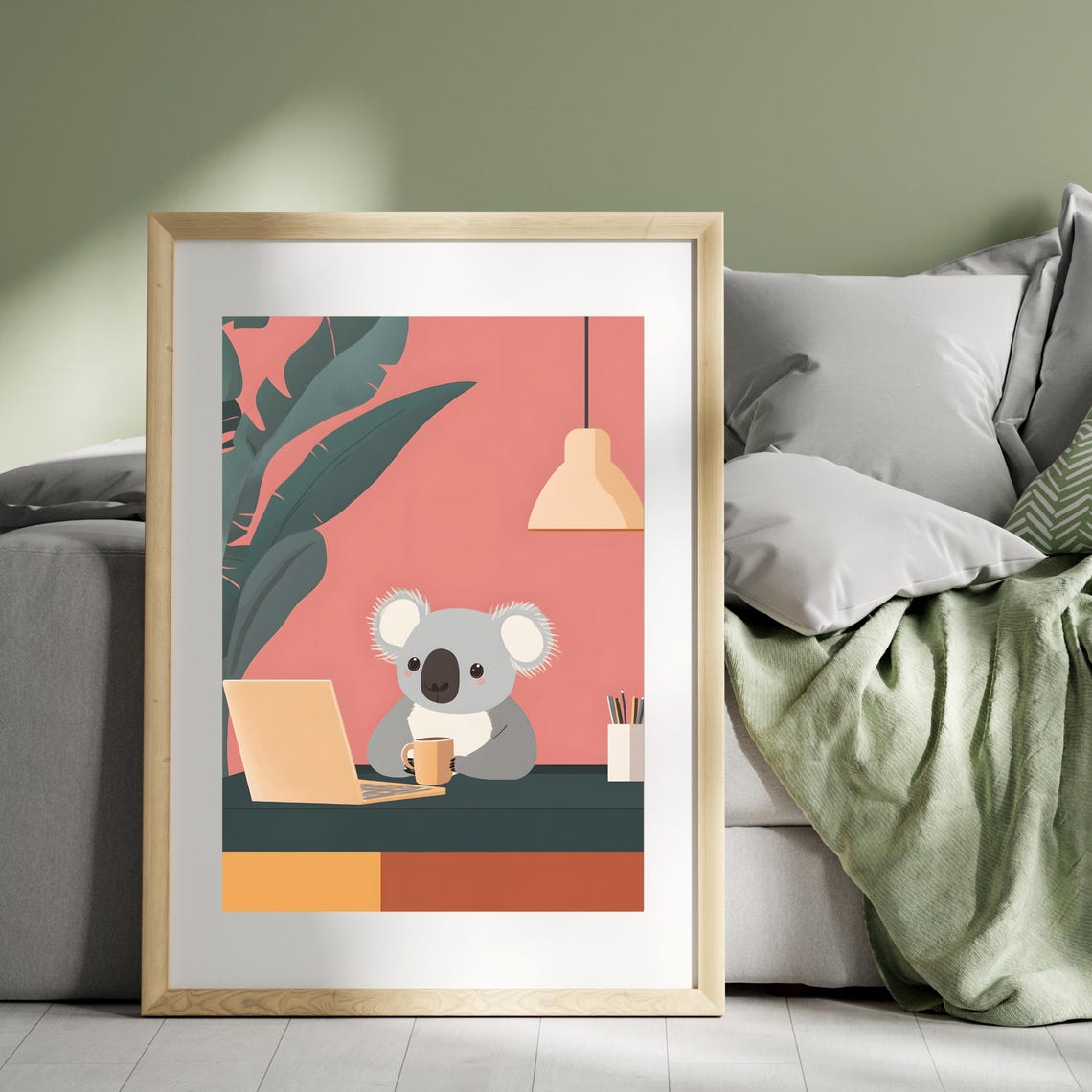 Cozy Koala Office Desk Laptop Coffee Minimalist Work Art Poster - Image 2
