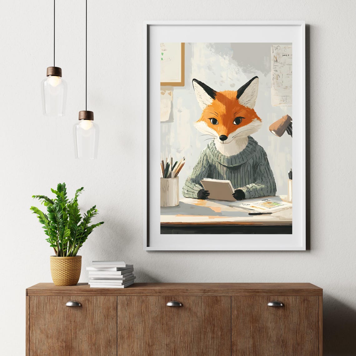 Cozy Fox in a Knit Sweater Reading a Book at a Wooden Desk Poster - Image 6