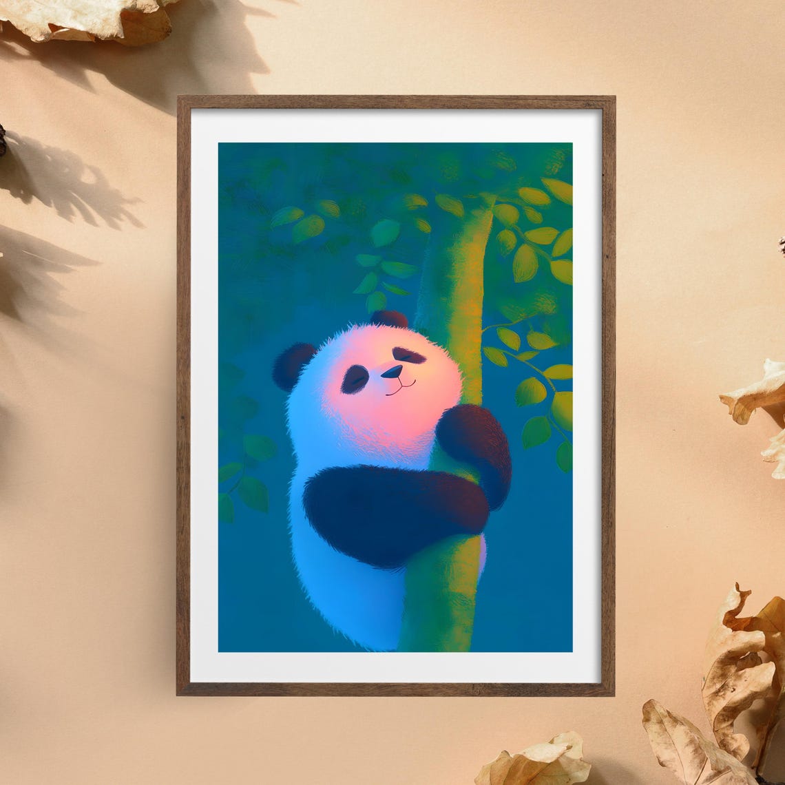 Dreamy Panda Hugging Tree In Teal Forest Nursery Animal Poster - Image 2