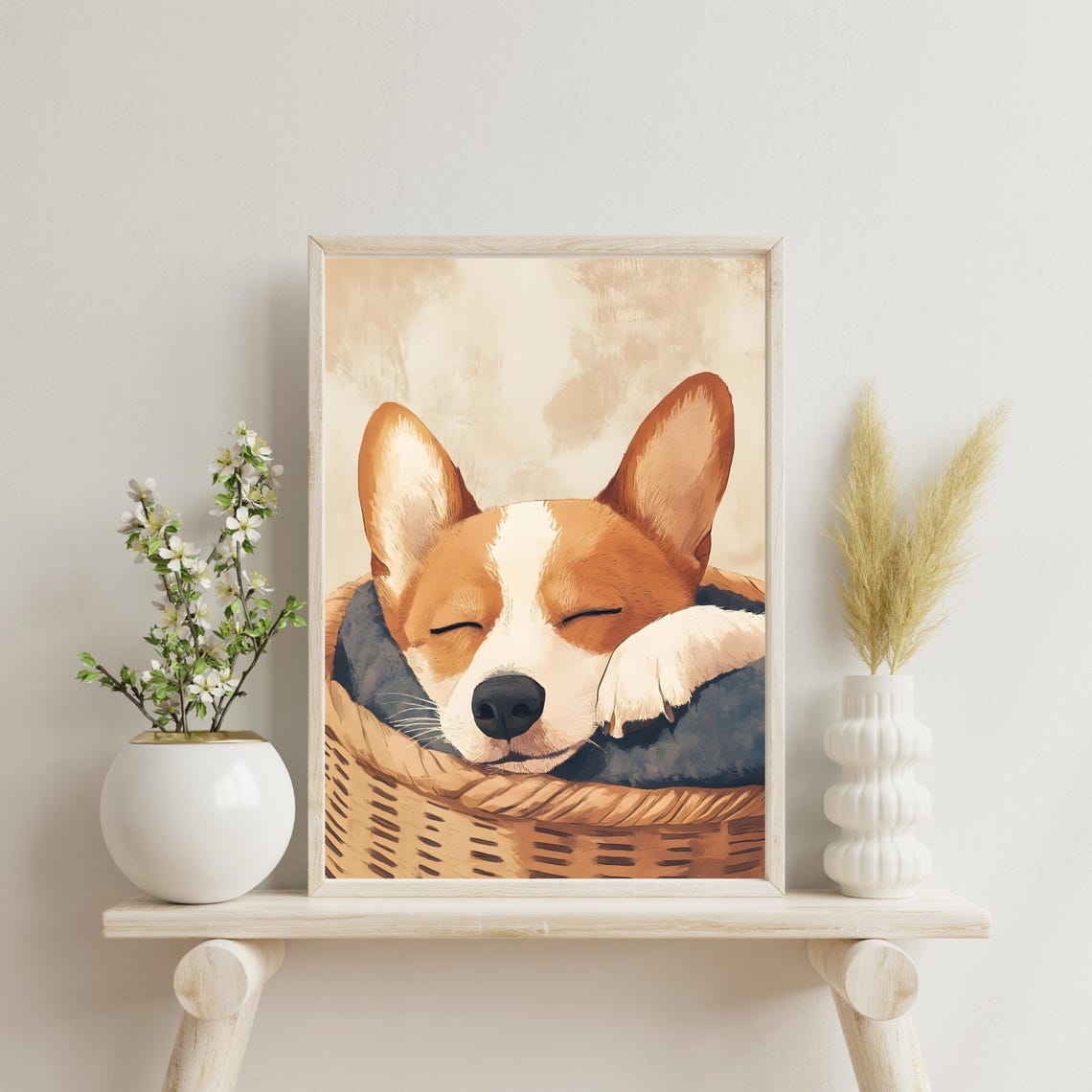 Sleeping Corgi Puppy Curled in Wicker Basket Cozy Dog Nursery Poster - Image 4
