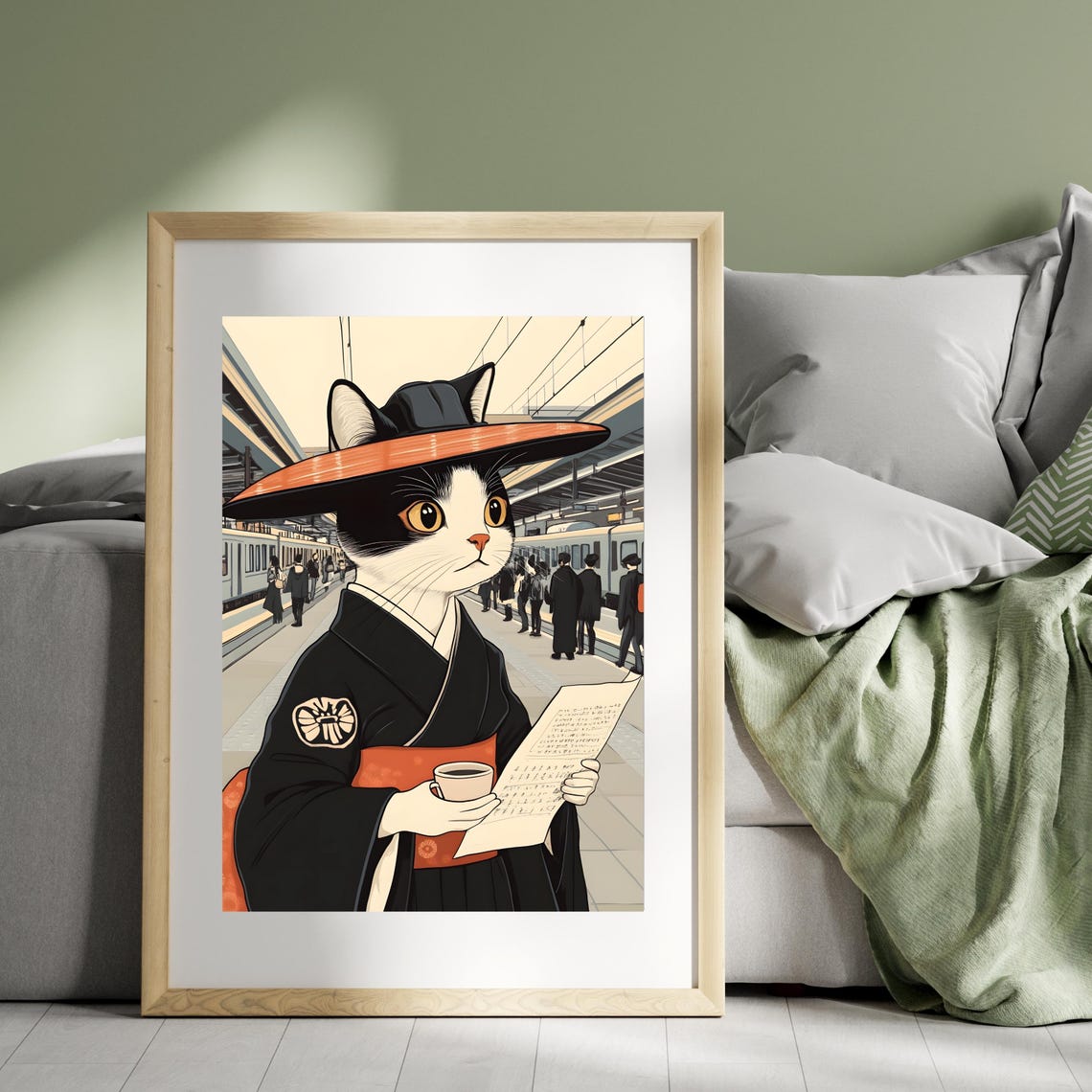 Cat in Kimono Sipping Tea at a Bustling Train Station Poster - Image 7