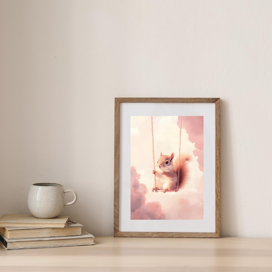 Cute Fluffy Squirrel Sitting on a Rope Swing Floating in Pink Clouds Poster - Image 7