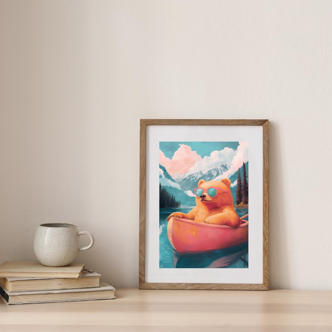 Relaxed Orange Bear in Pink Sunglasses Drifting in a Pink Canoe on a Lake Poster - Image 6