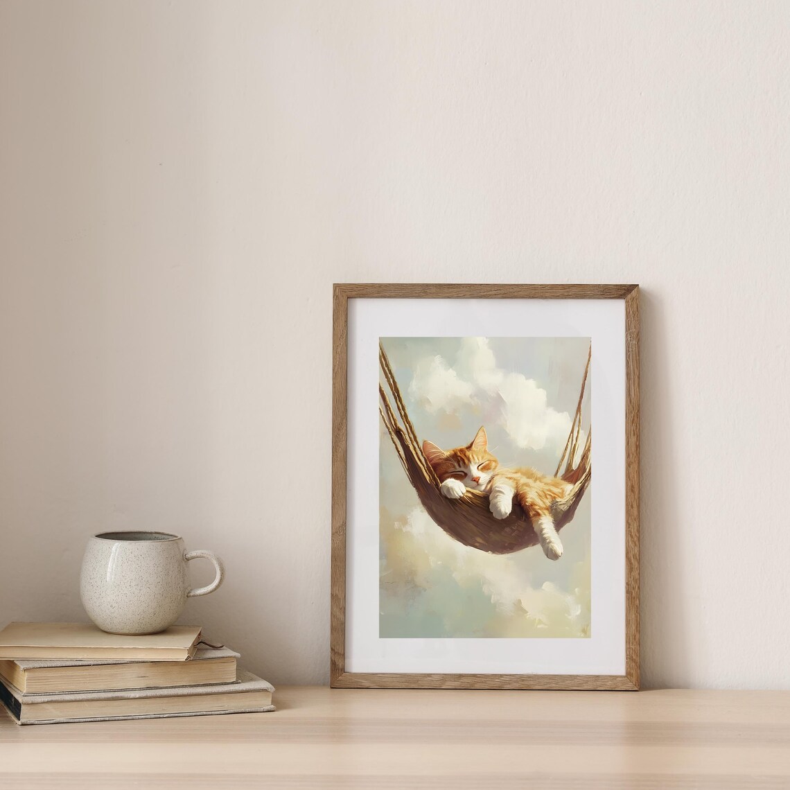 Fluffy Orange Cat Napping Peacefully in a Rope Hammock Among Soft Clouds Poster - Image 2
