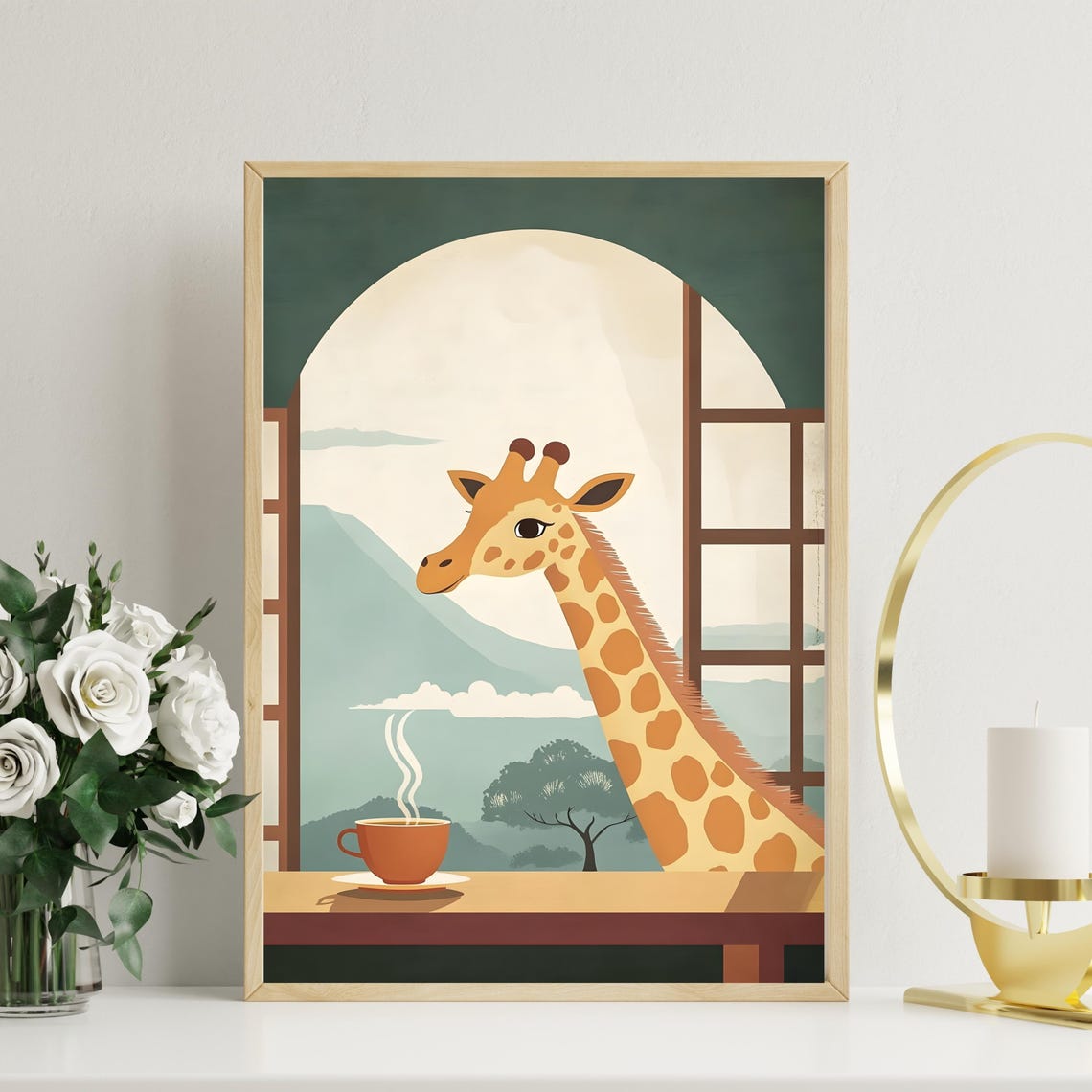 Giraffe Peeking Through A Window At A Steaming Cup Of Coffee Poster - Image 3