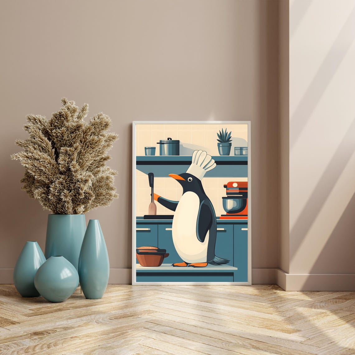 Penguin Chef With Spatula Cooking in a Retro Teal Kitchen Poster - Image 8