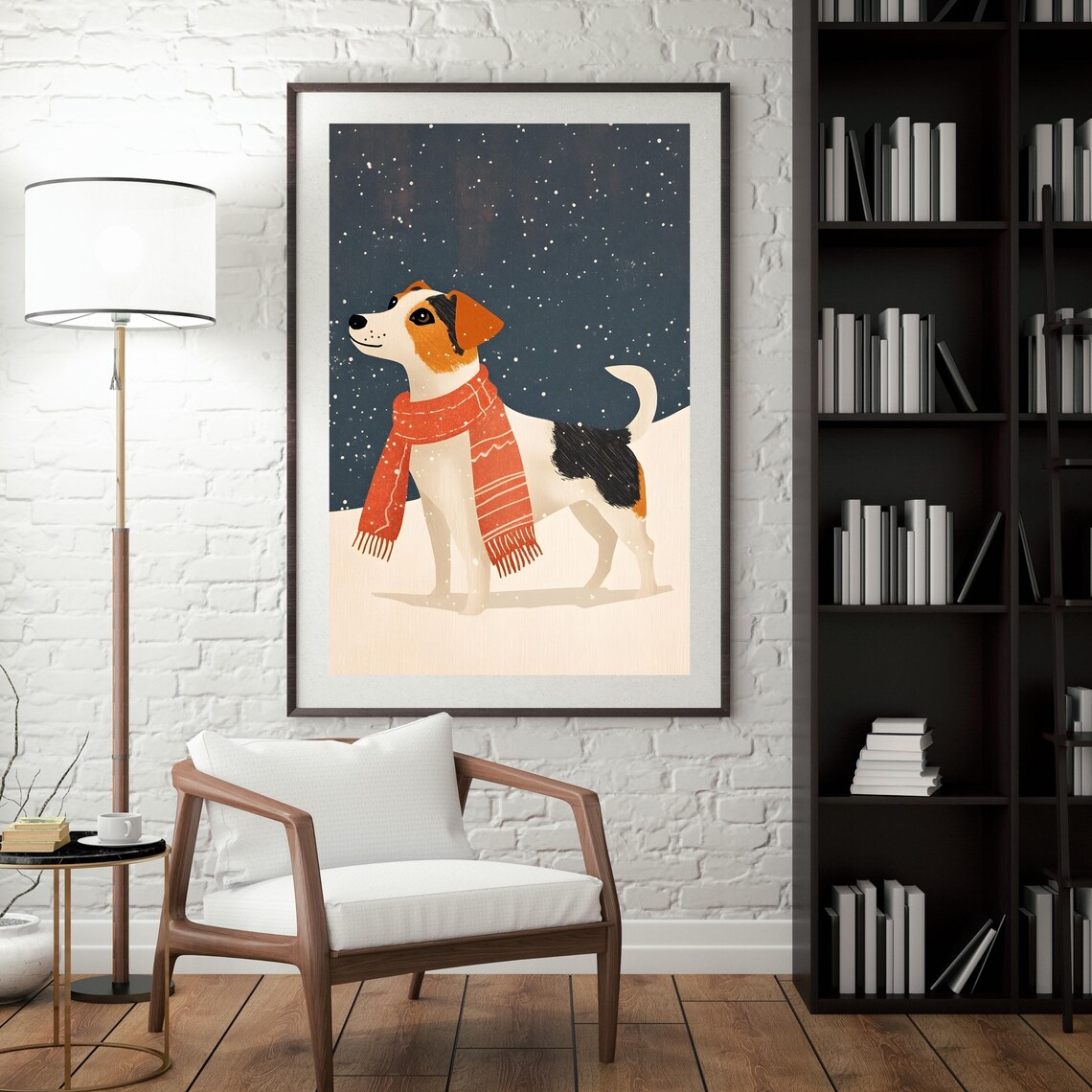 Dog Wearing A Red Scarf Standing In Falling Snow Winter Night Poster - Image 5