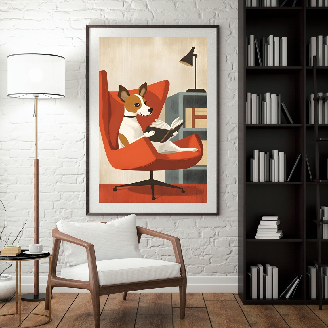 Jack Russell Dog Reading A Book In A Red Armchair Mid Century Poster - Image 5