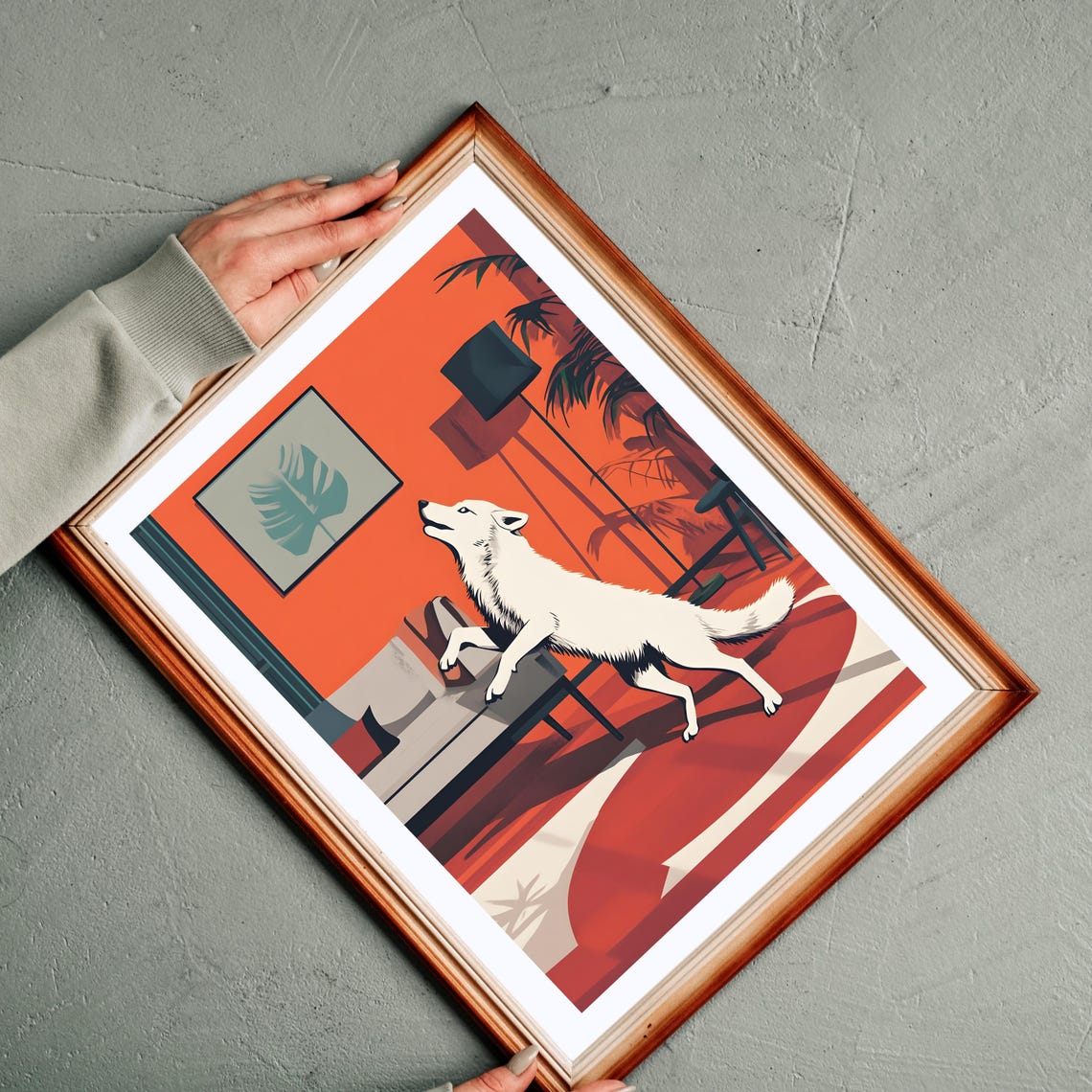 Playful White Wolf Howling Retro Living Room Mid Century Art Poster - Image 3