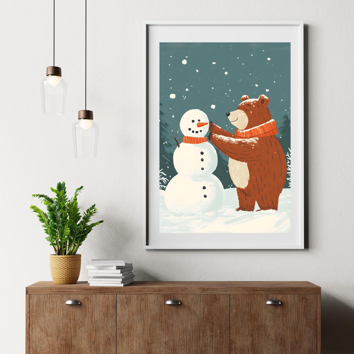 Cute Brown Bear in Orange Scarf Building a Snowman Winter Poster - Image 6