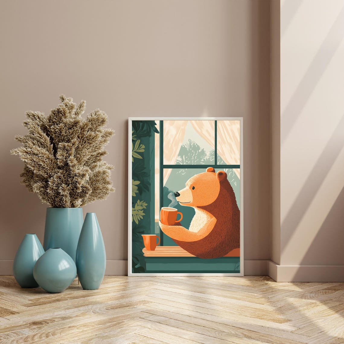 Cozy Brown Bear Drinking Coffee by a Sunny Forest Window Poster - Image 7