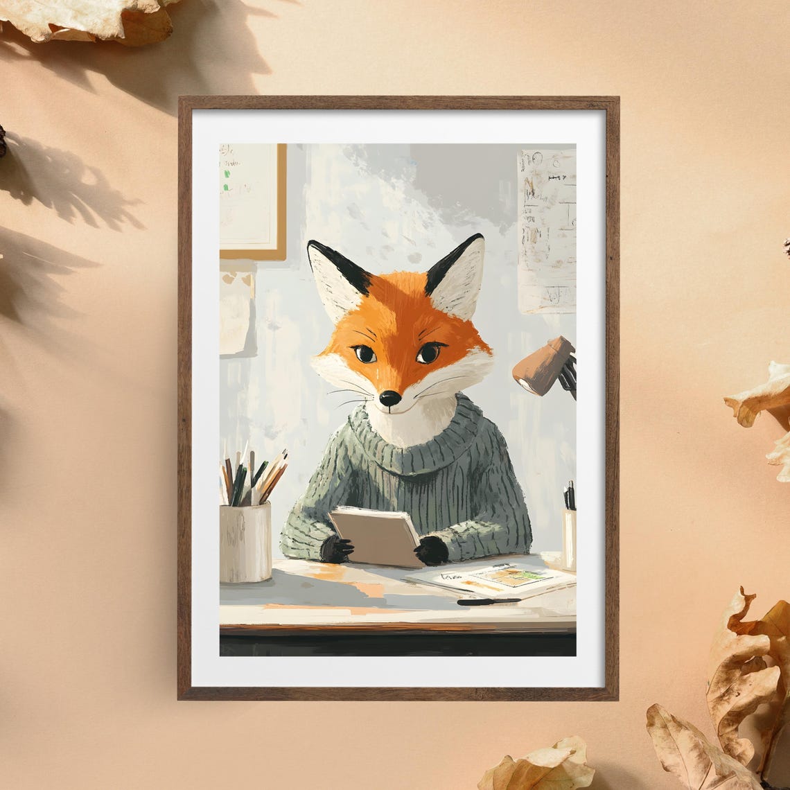 Cozy Fox in a Knit Sweater Reading a Book at a Wooden Desk Poster - Image 5