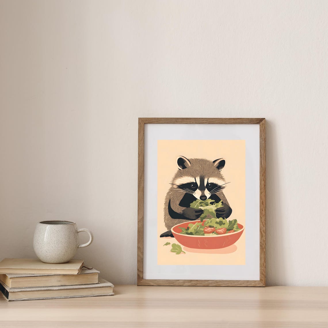 Cute Raccoon Enjoying a Fresh Green Salad Bowl with Tomatoes Poster - Image 7