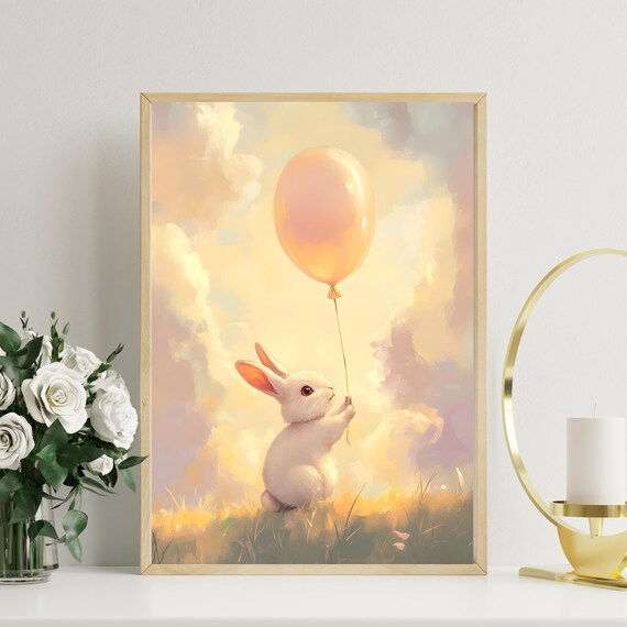 Tiny White Bunny Holding a Glowing Orange Balloon in a Sunset Meadow Poster