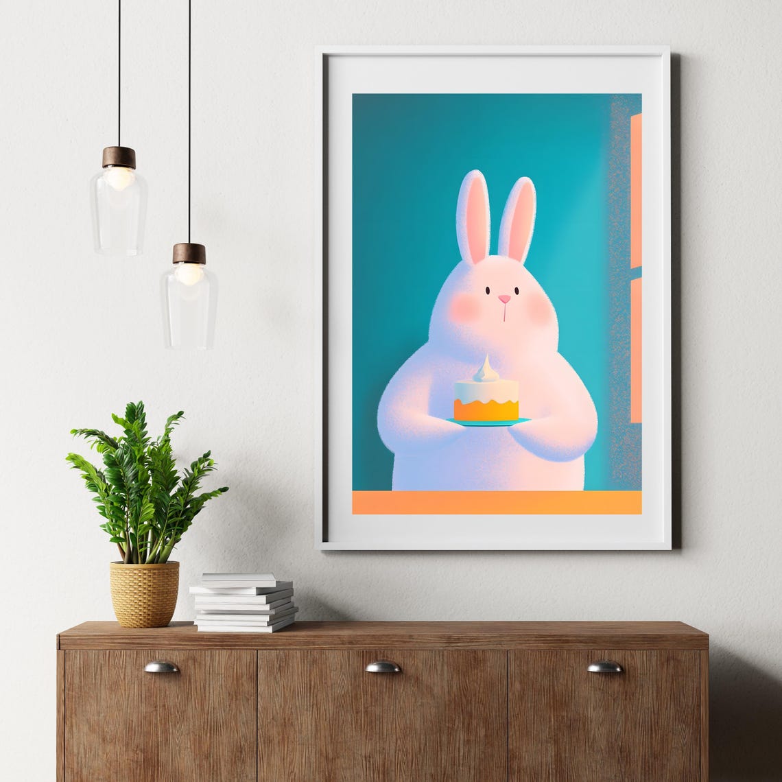 Sweet White Bunny Holding Birthday Cake On Teal Background Poster - Image 2