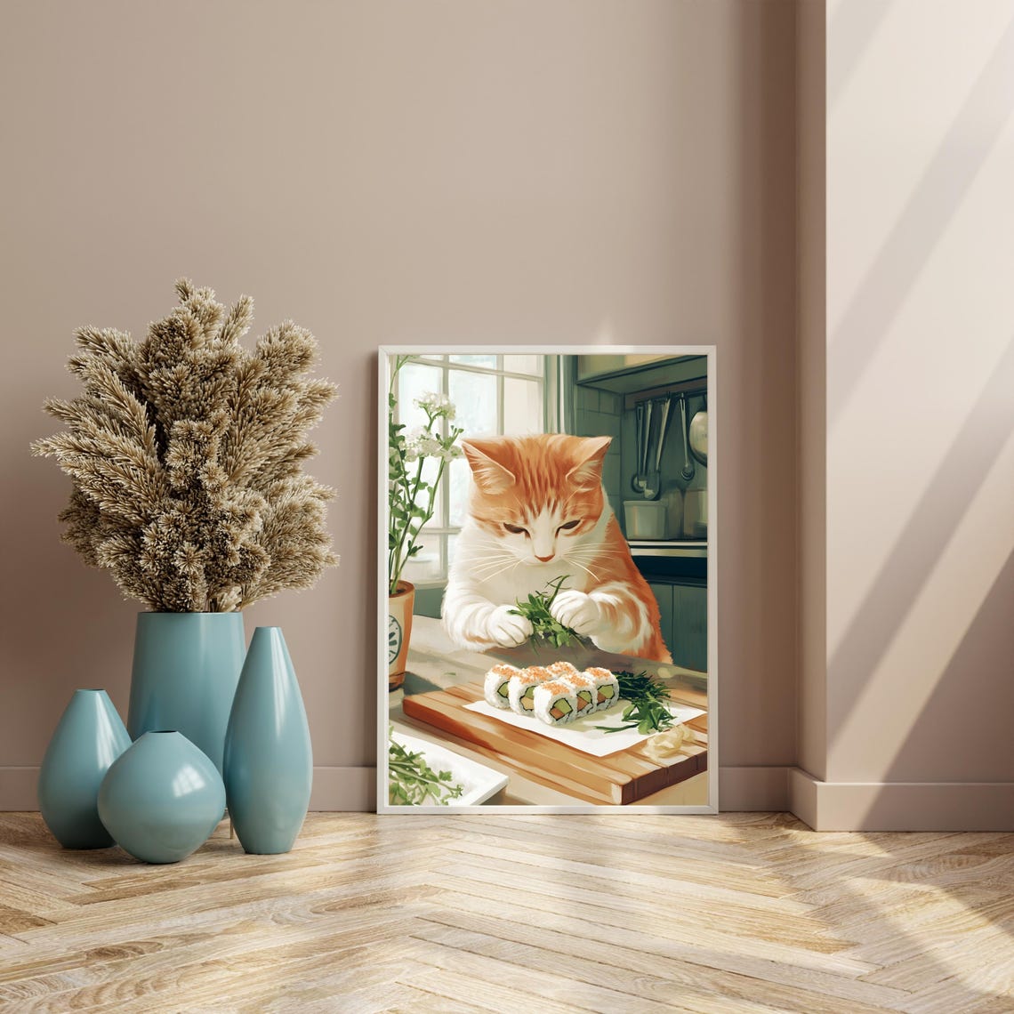 Orange Tabby Cat Making Sushi Rolls in Bright Kitchen Poster - Image 4