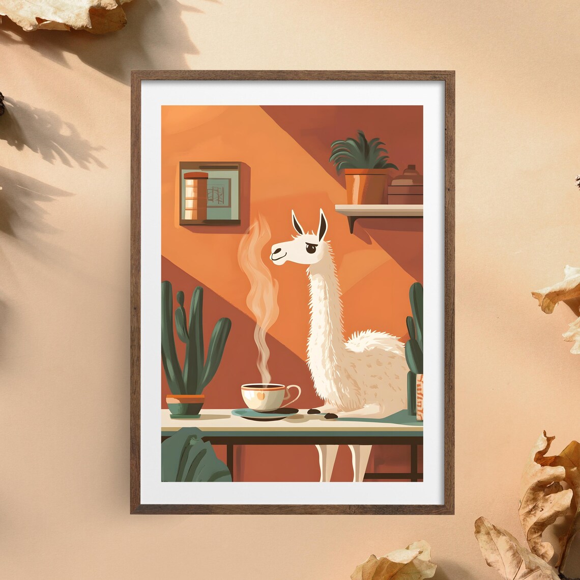 Llama Sipping Coffee Cozy Cafe Morning Whimsical Animal Art Poster - Image 5