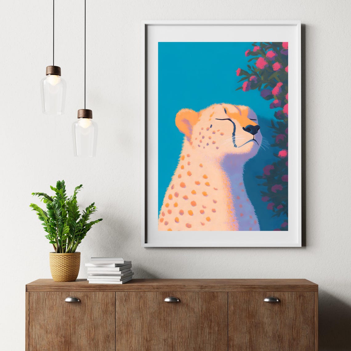 Peaceful Cheetah Smelling Pink Flowers On Teal Background Poster - Image 2