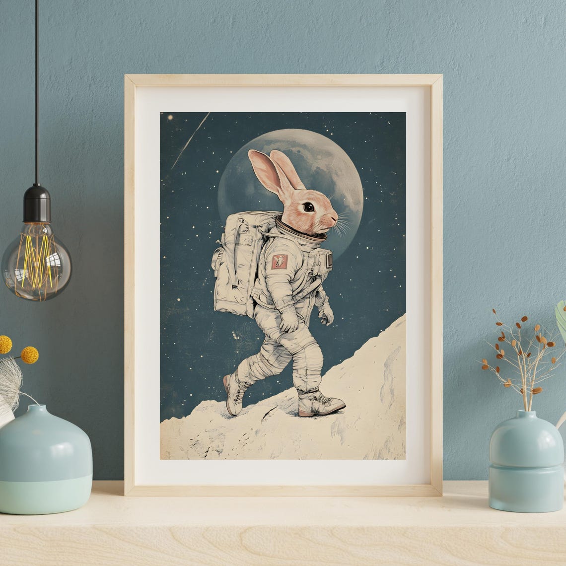 Astronaut Bunny Walking on the Moon Surface Vintage Space Poster - Image 3