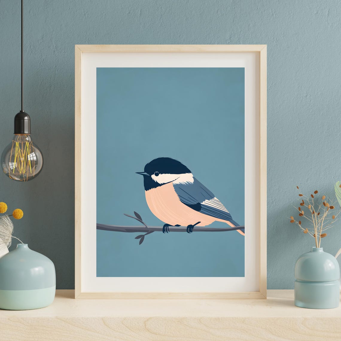 Minimalist Chickadee Perched on a Branch Dusty Blue Bird Poster - Image 8