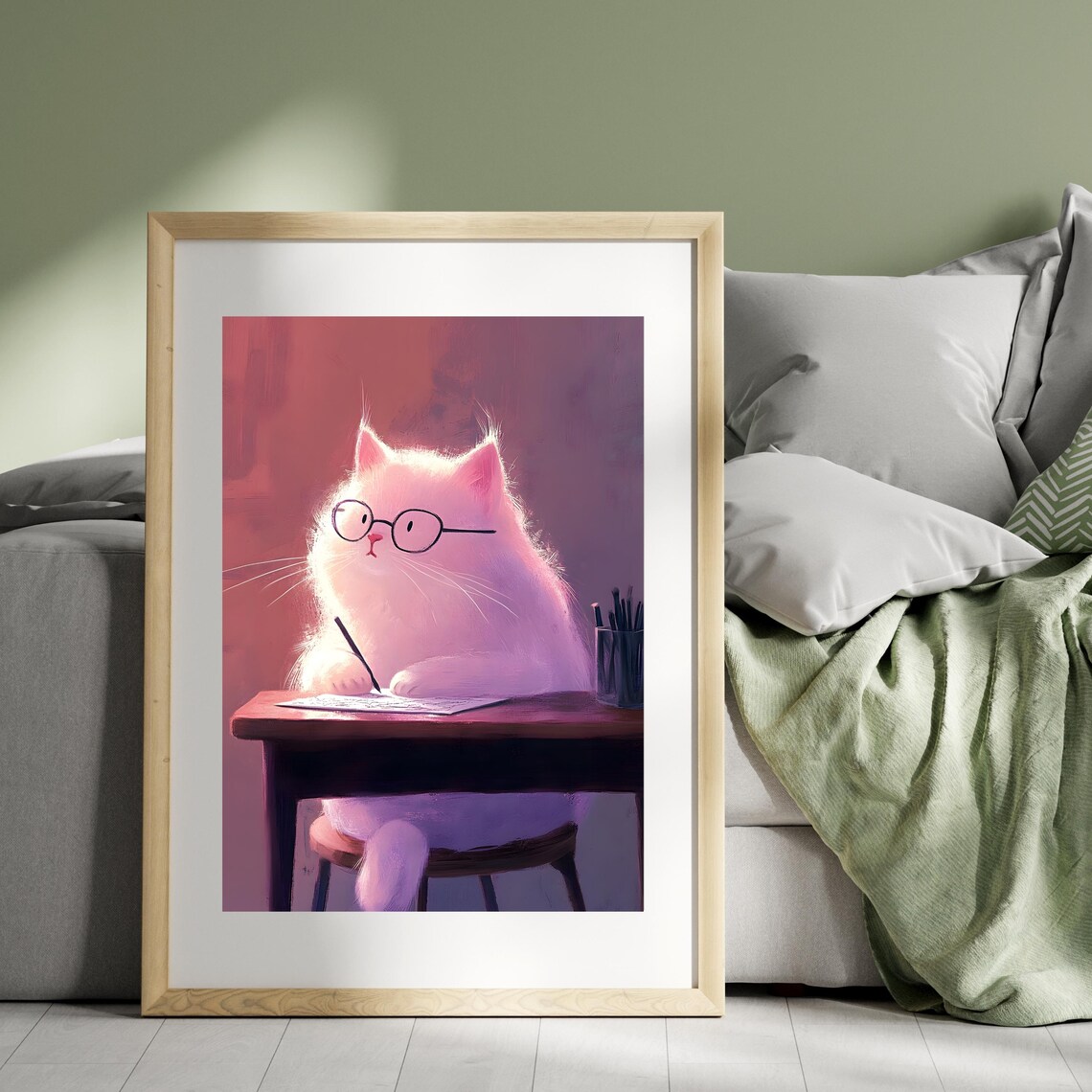 Fluffy White Cat in Glasses Writing at a Wooden Desk in Rose Light Poster - Image 6