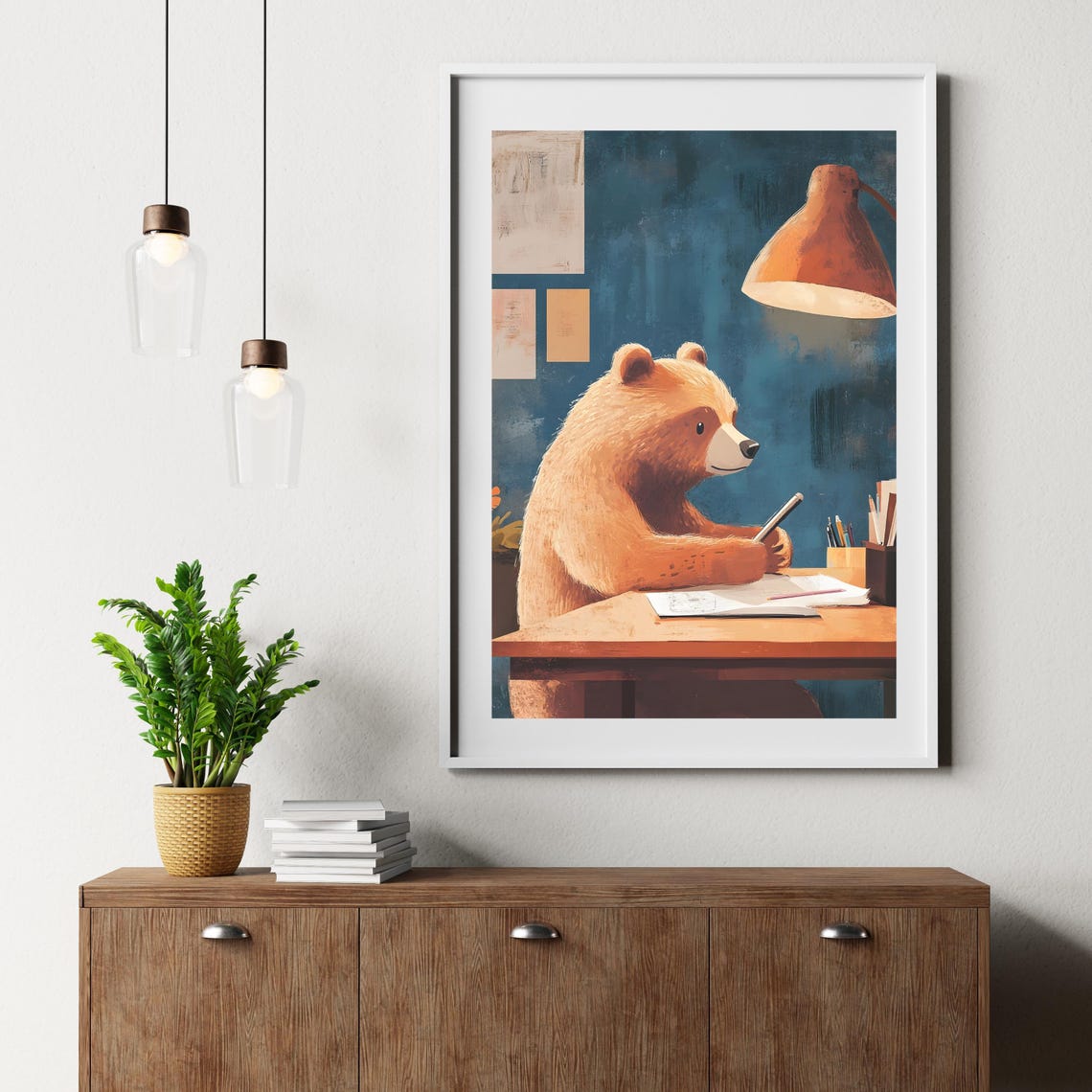 Cute Brown Bear Writing In A Notebook At A Desk Under A Lamp Poster - Image 6