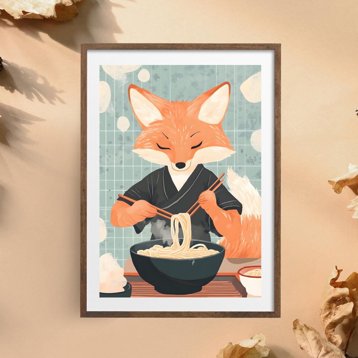 Fox Eating Ramen Noodles Cute Japanese Kitchen Animal Art Poster - Image 3
