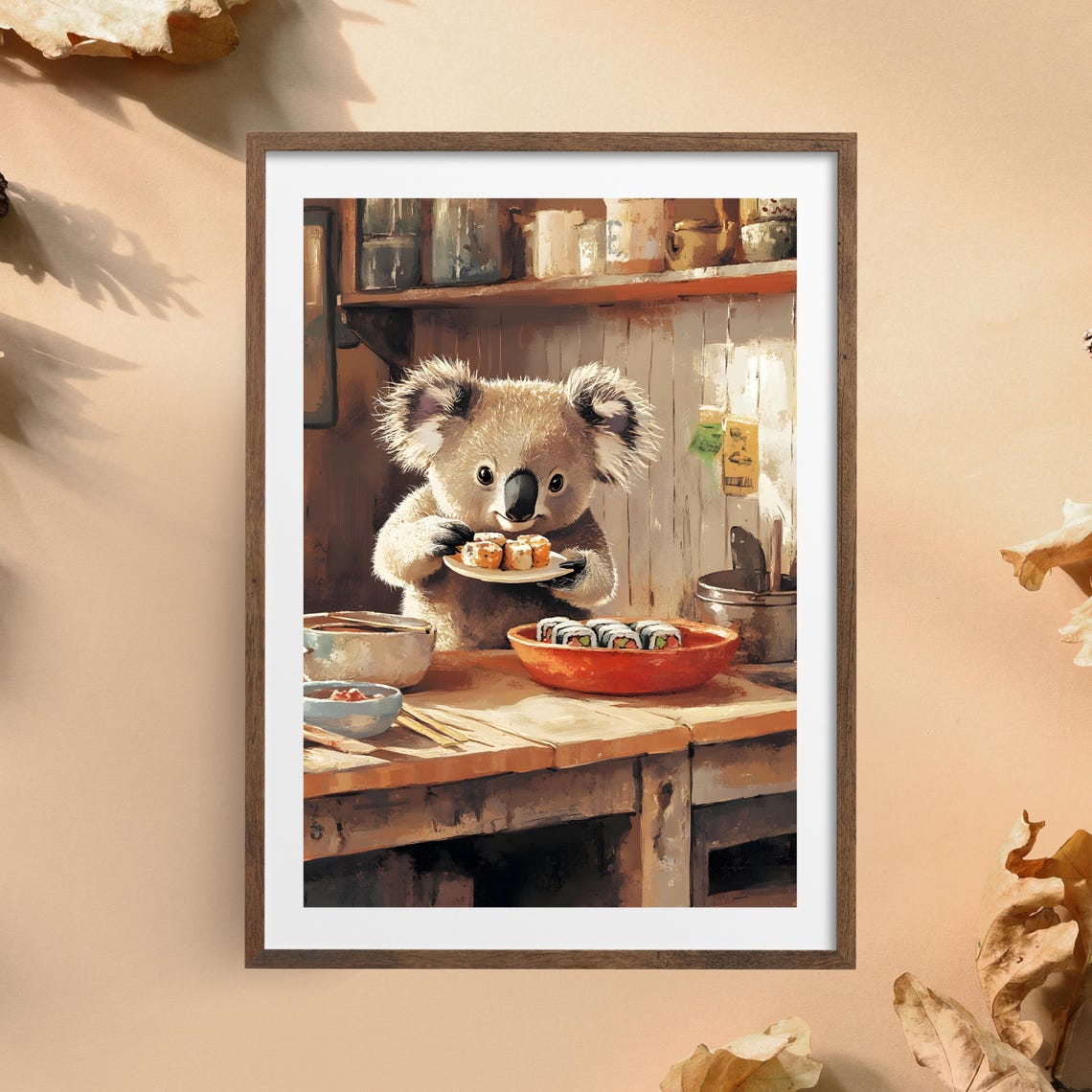 Adorable Koala Holding Sushi Plate in Rustic Wooden Kitchen Poster - Image 4