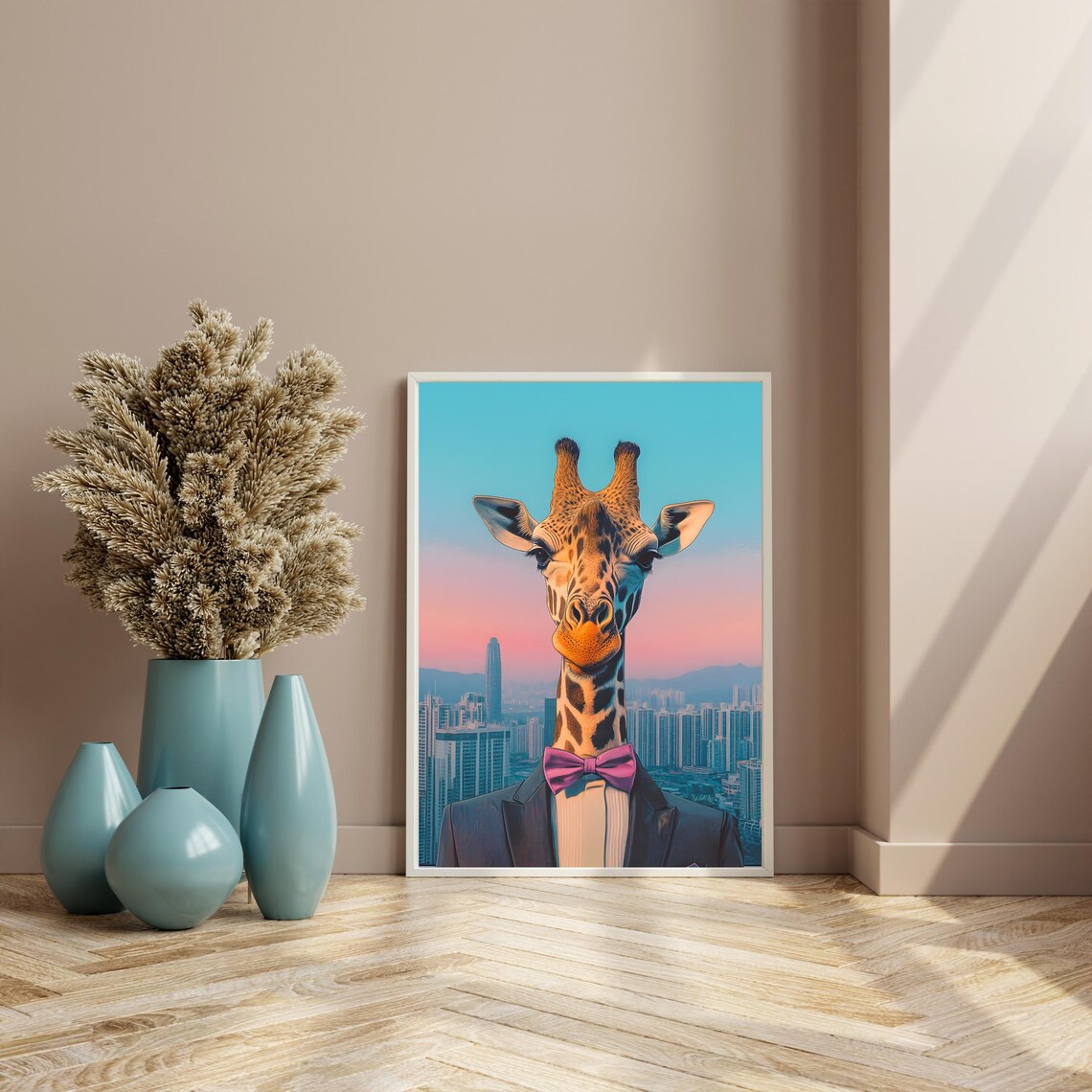 Elegant Giraffe in Tuxedo and Purple Bow Tie over a City Poster - Image 8
