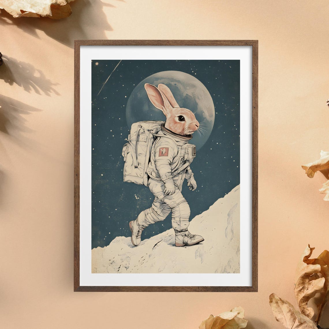 Astronaut Bunny Walking on the Moon Surface Vintage Space Poster