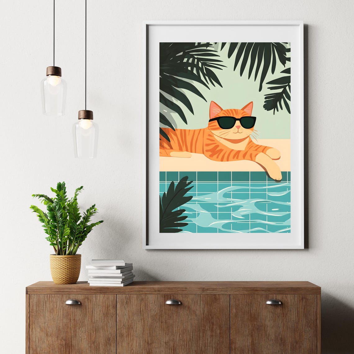 Orange Cat With Sunglasses Lounging by a Tropical Tiled Pool Poster - Image 6