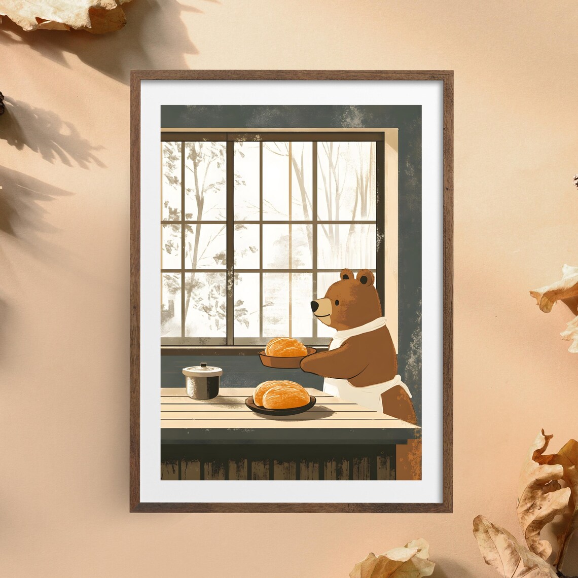 Gentle Brown Bear Baker Serving Fresh Bread Rolls at a Rustic Table Poster - Image 5