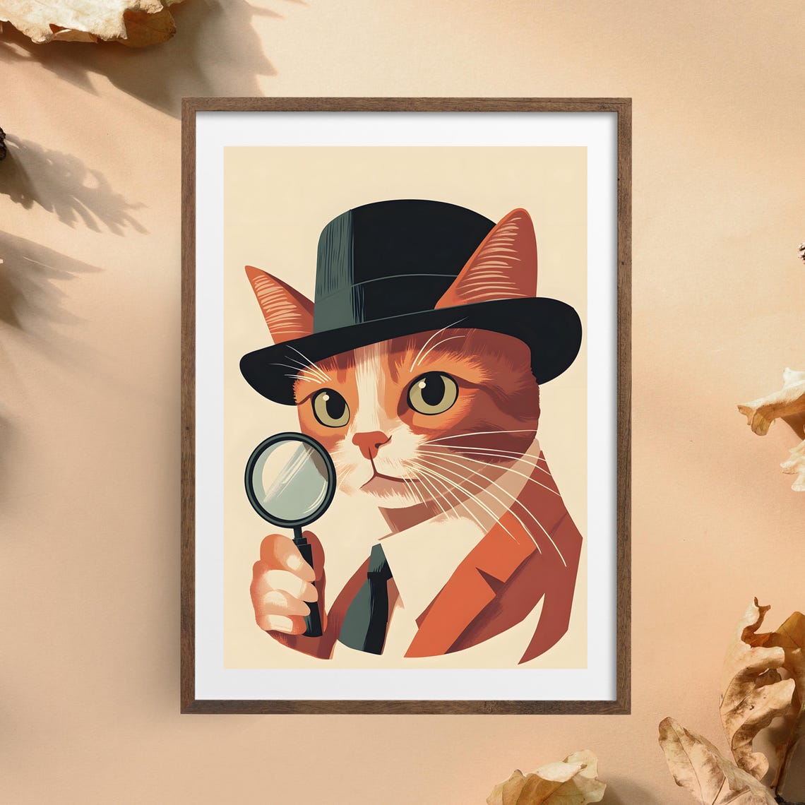 Detective Cat With Magnifying Glass Wearing Fedora Hat Poster