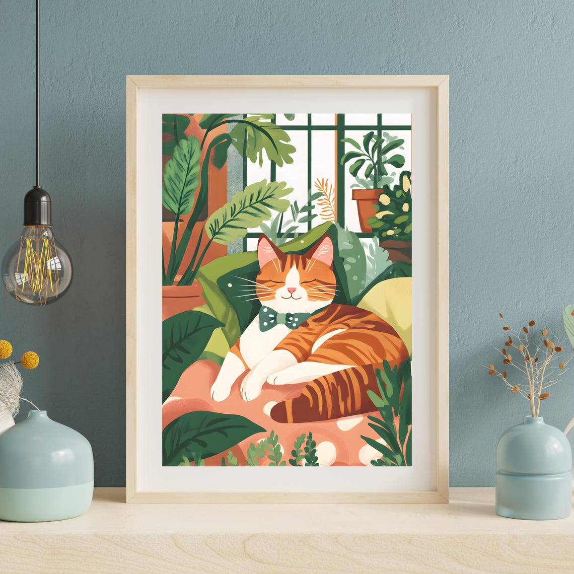 Ginger Tabby Cat Napping In A Bow Tie Among Lush Houseplants Poster