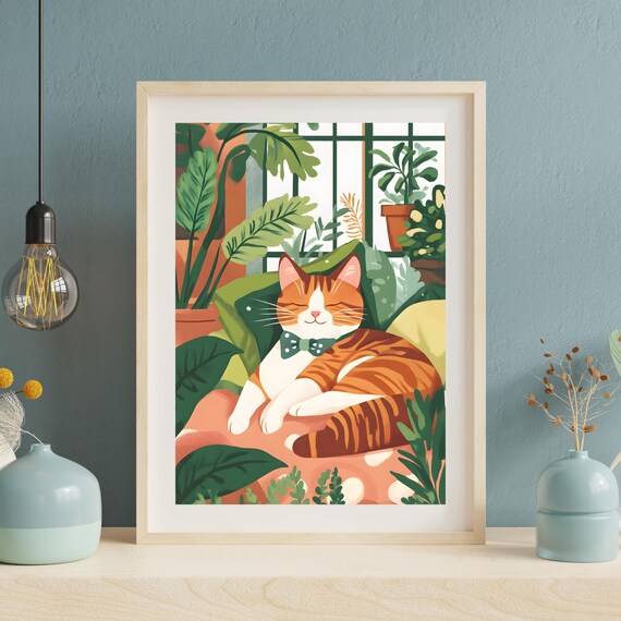 Ginger Tabby Cat Napping In A Bow Tie Among Lush Houseplants Poster