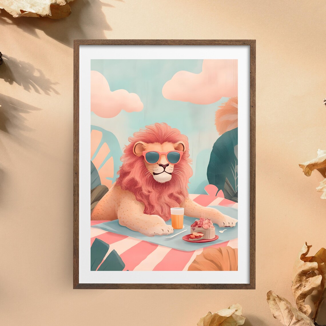 Carefree Lion With a Coral Mane and Sunglasses Lounging at a Pink Picnic Poster - Image 3