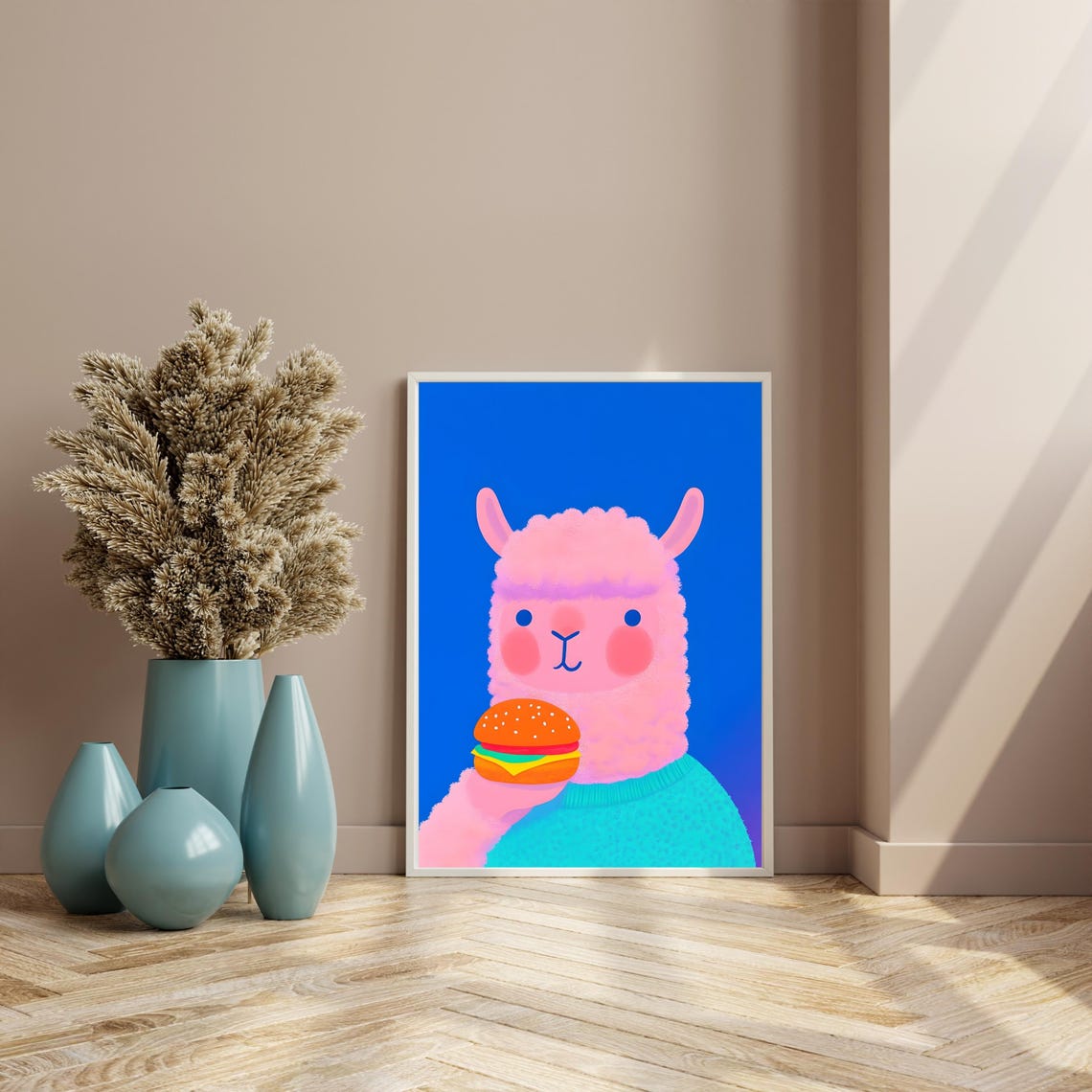 Cute Pink Llama Holding Cheeseburger on Bold Blue Background Poster - Image 4