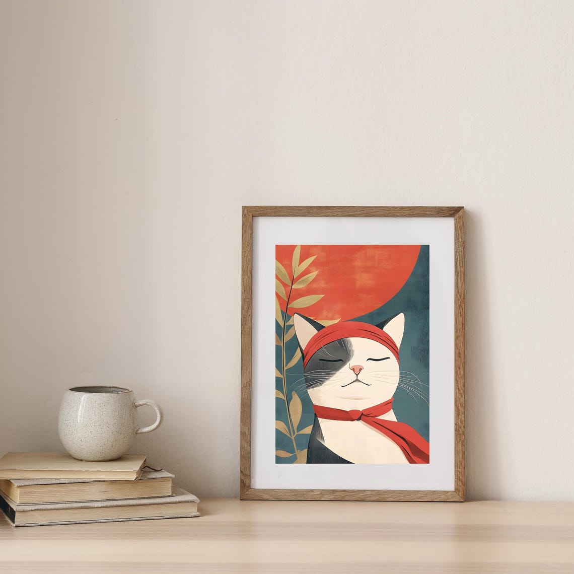 Zen Cat With Red Headband Meditating Before Big Red Sun Poster - Image 7