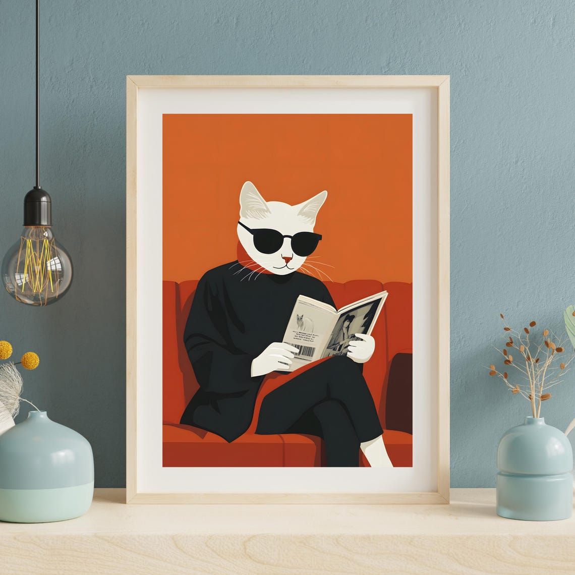 White Cat in Sunglasses Reading Newspaper on Red Sofa Poster - Image 3