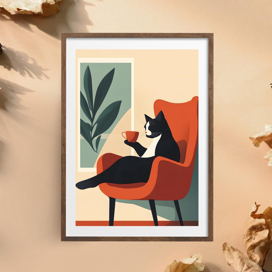 Black and White Cat Sipping Coffee in Orange Armchair Poster
