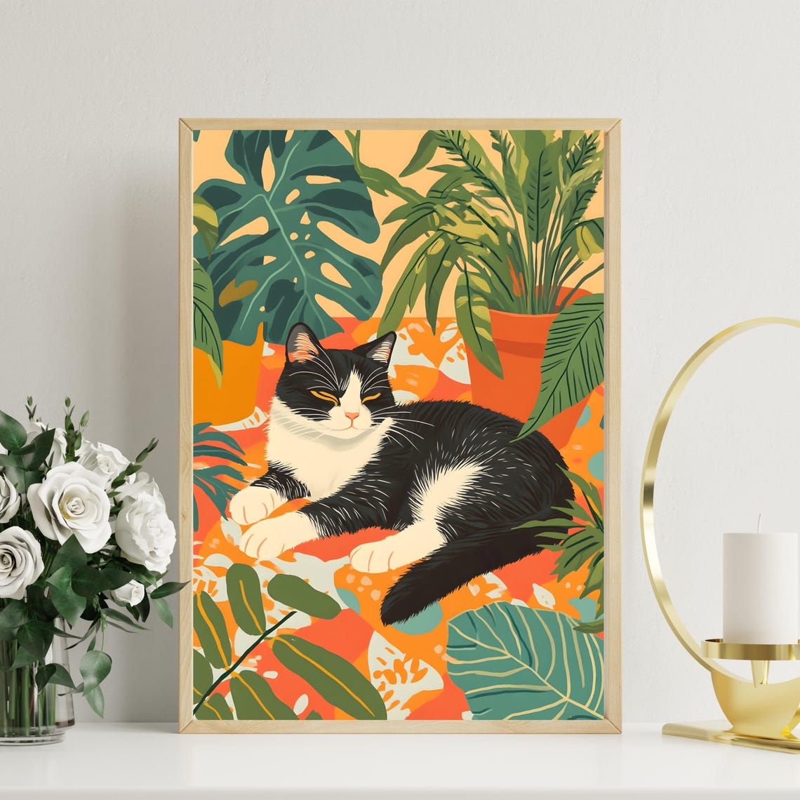 Relaxed Black and White Cat Lounging Among Monstera Leaves Poster