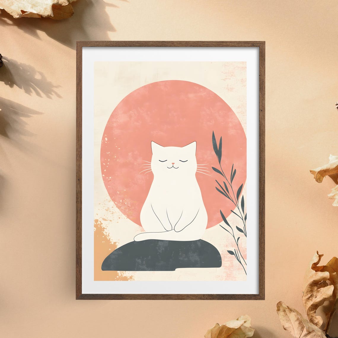 Zen White Cat Under A Pink Sun Minimalist Japanese Art Poster - Image 4