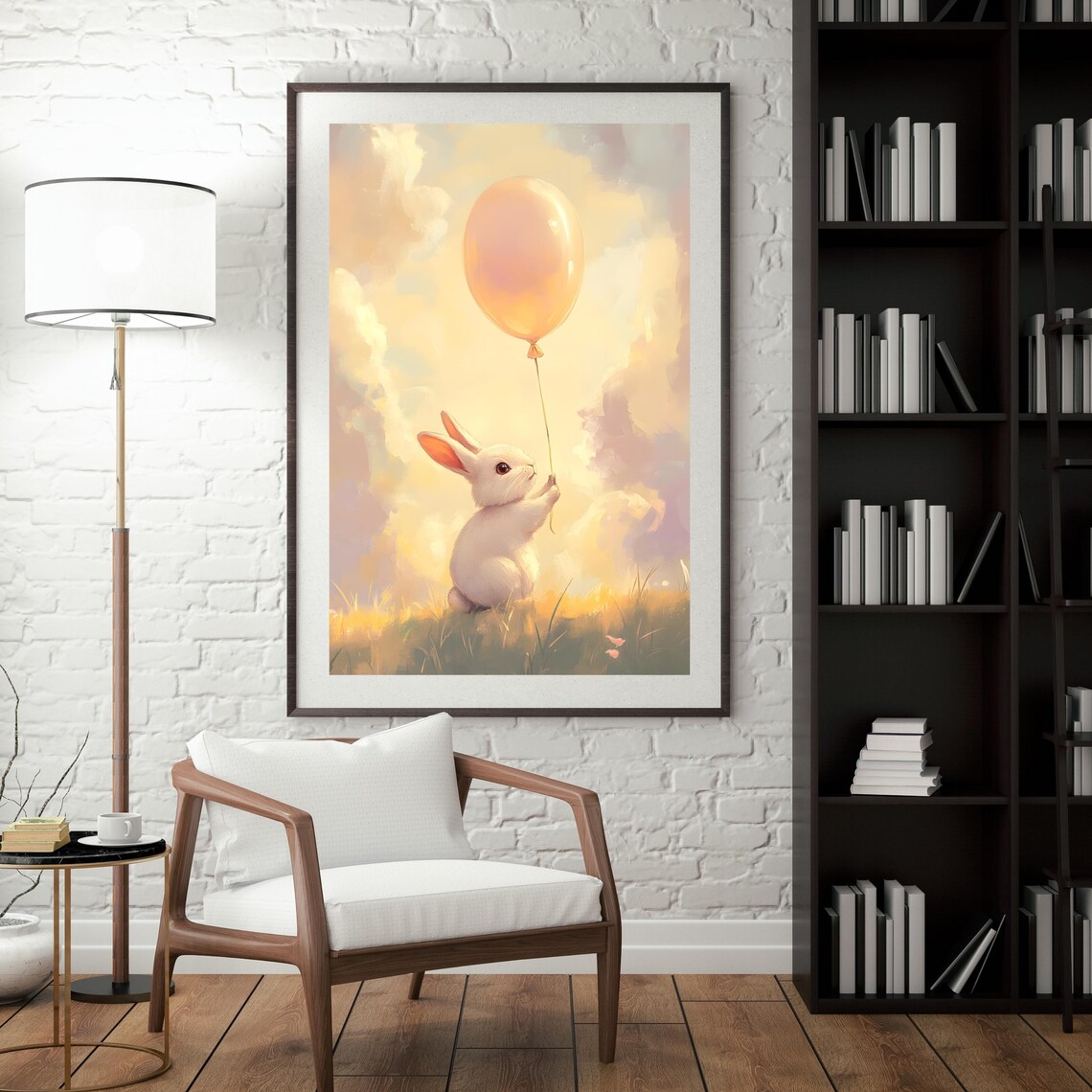 Tiny White Bunny Holding a Glowing Orange Balloon in a Sunset Meadow Poster - Image 6