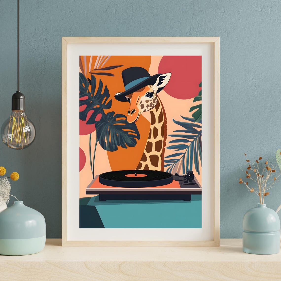 Stylish Giraffe in Hat Playing a Vinyl Record Player Retro Poster - Image 5