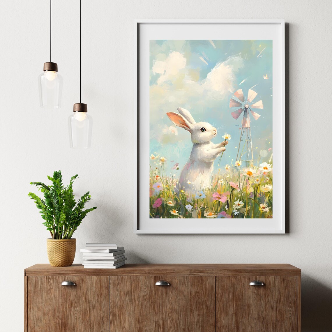 Playful White Bunny Holding a Daisy in a Blooming Spring Flower Meadow Poster - Image 5