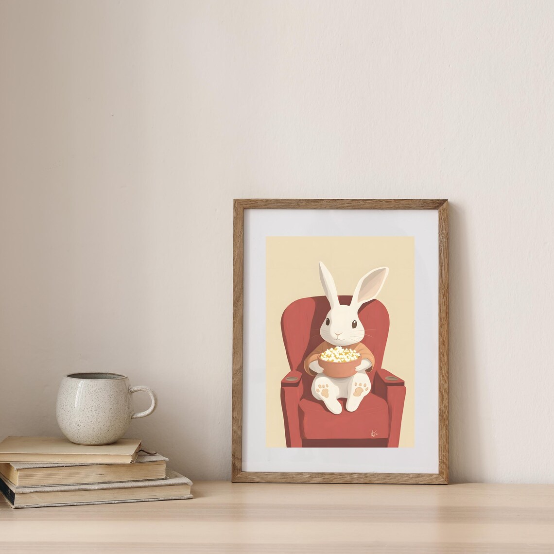 White Bunny Eating Popcorn in Red Armchair Movie Night Poster - Image 7