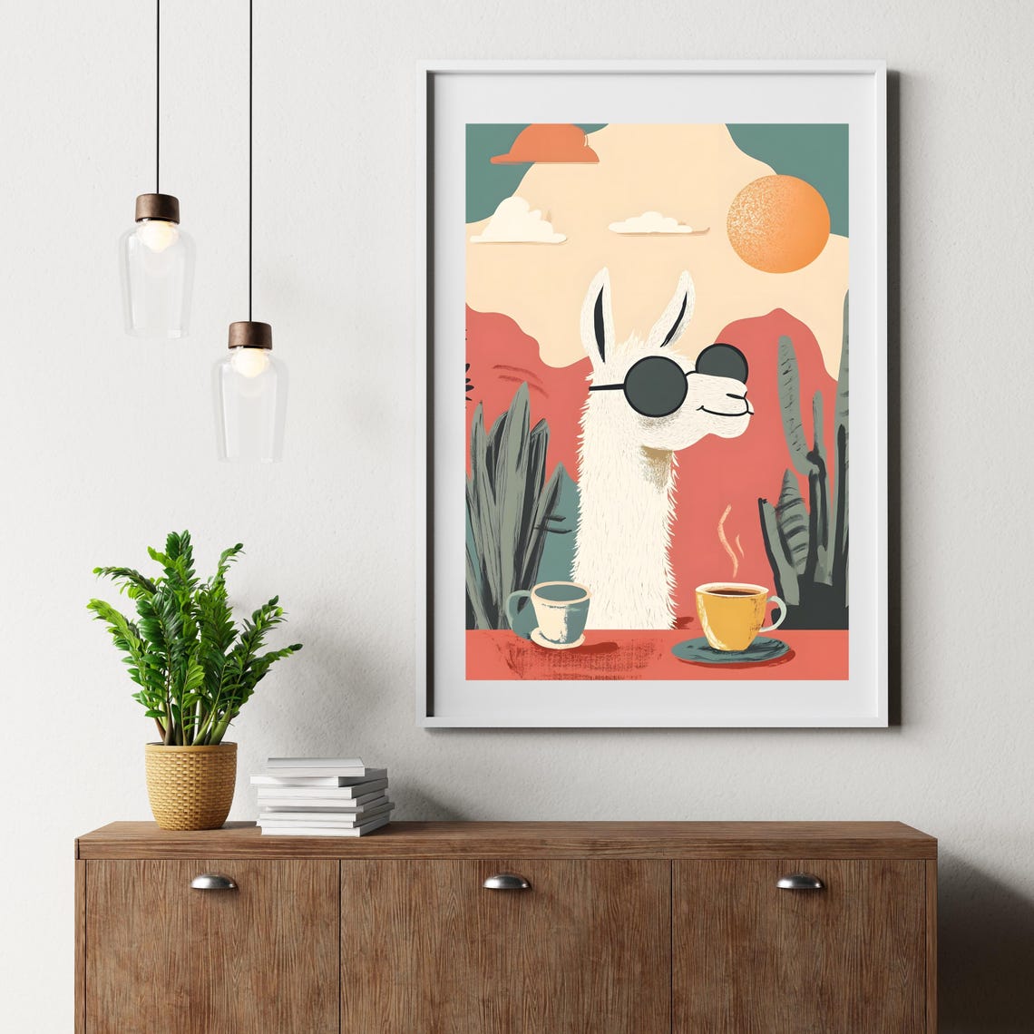 Cool Llama in Sunglasses with Two Coffee Cups on a Desert Poster - Image 6
