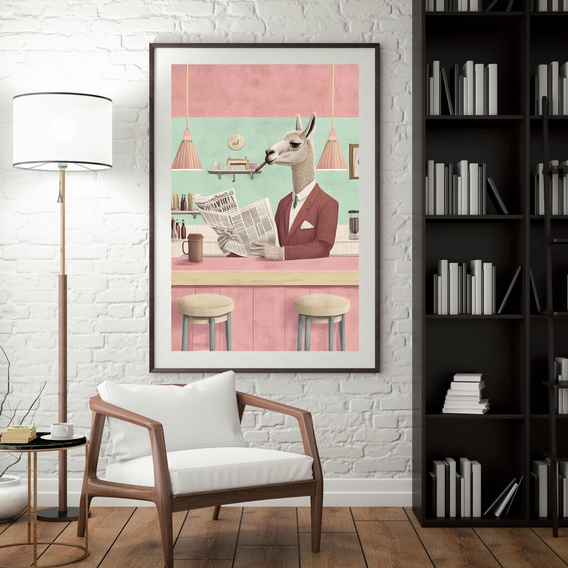 Dapper Llama in a Pinstripe Suit Reading the Newspaper at a Retro Cafe Poster - Image 2